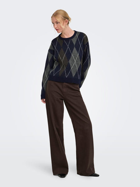 ONLY Argyle Knit Jumper in Navy