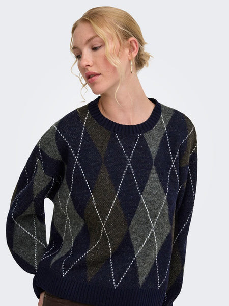 ONLY Argyle Knit Jumper in Navy
