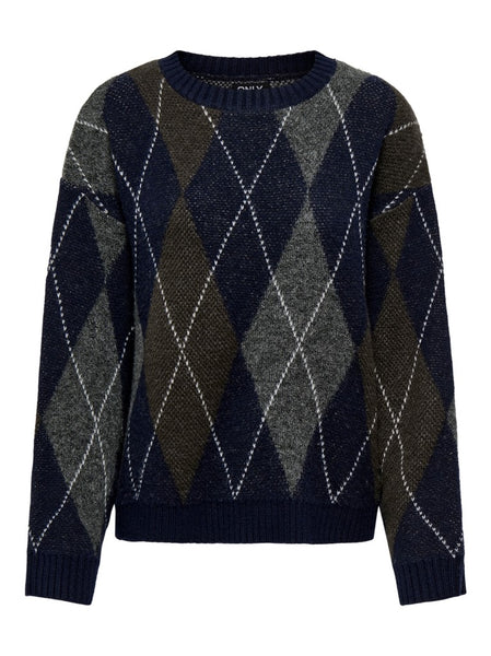 ONLY Argyle Knit Jumper in Navy