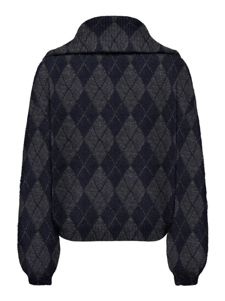 ONLY Argyle Zip Knit Cardigan in Navy