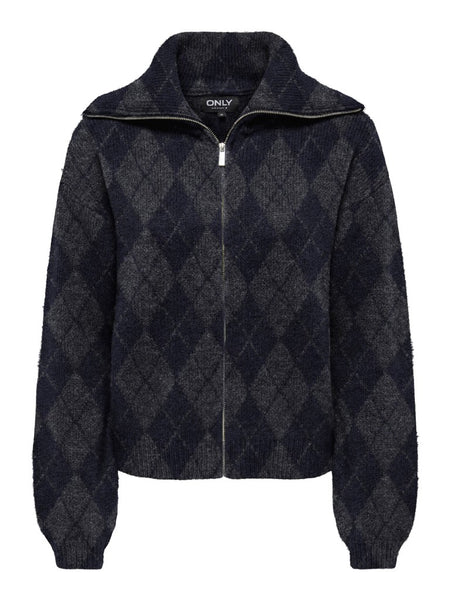 ONLY Argyle Zip Knit Cardigan in Navy