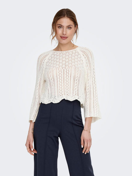 Only Cropped Knit 3/4 Sleeve Top in Cream