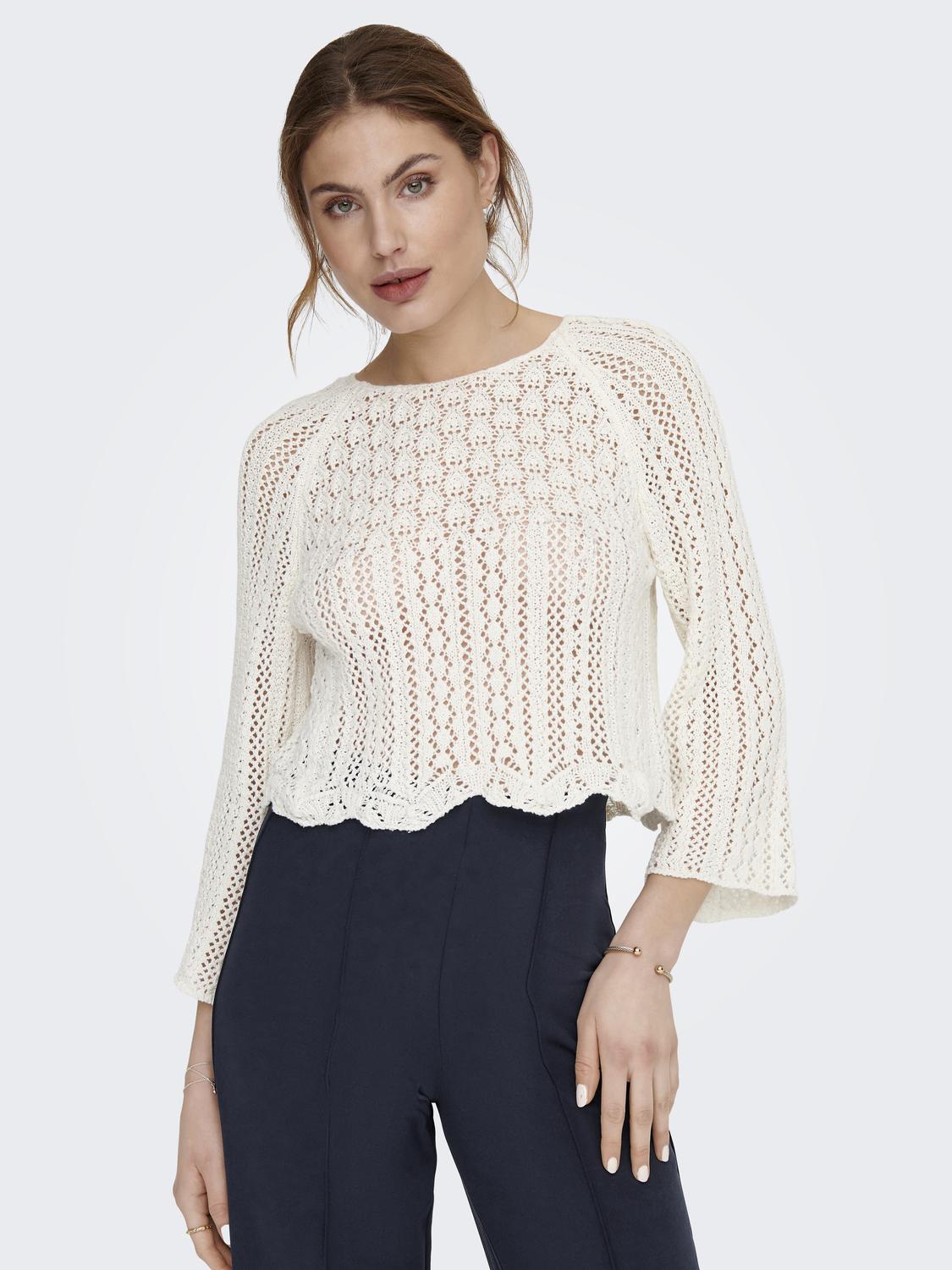 Only Cropped Knit 3/4 Sleeve Top in Cream