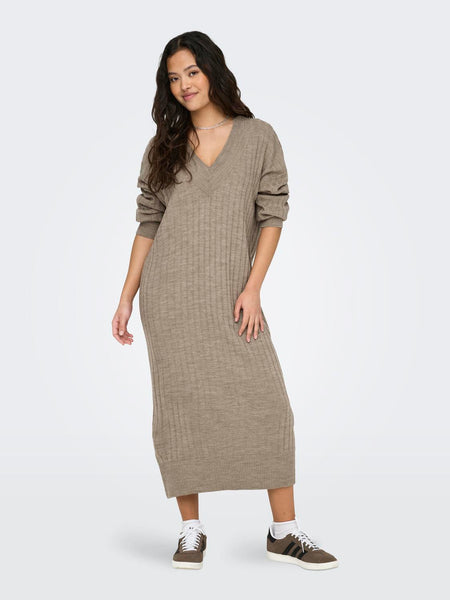 Only Knitted V-Neck Midi Dress in Beige