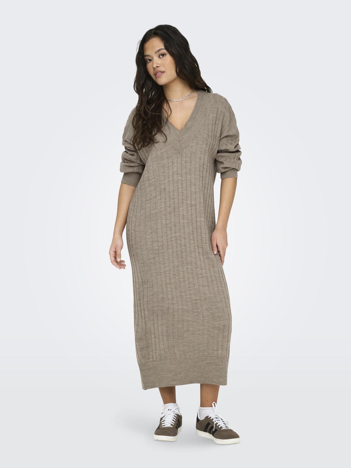 Only Knitted V-Neck Midi Dress in Beige