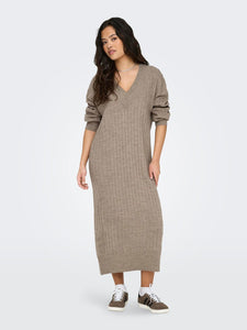 Only Knitted V-Neck Midi Dress in Beige