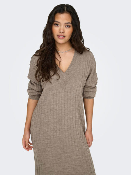 Only Knitted V-Neck Midi Dress in Beige