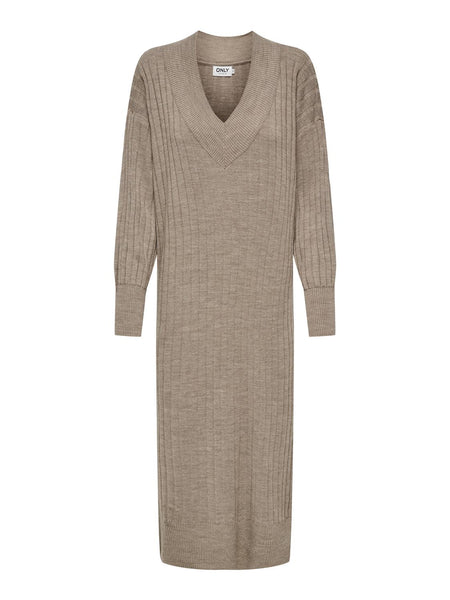 Only Knitted V-Neck Midi Dress in Beige