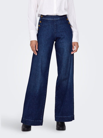 ONLY Wide Leg Button Detail Jeans in Dark Blue