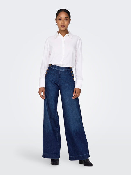 ONLY Wide Leg Button Detail Jeans in Dark Blue