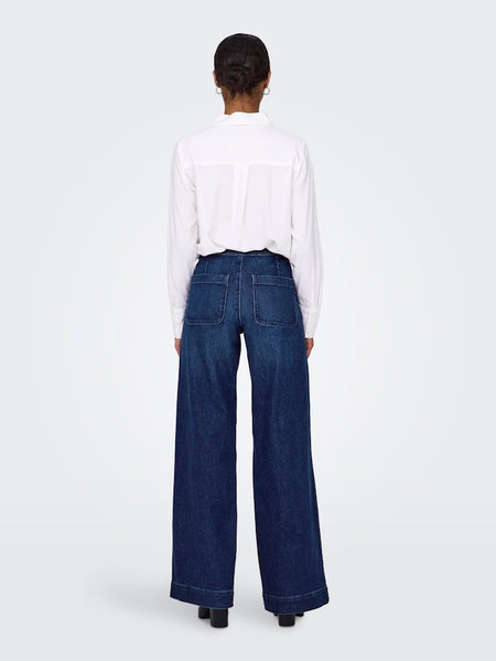 ONLY Wide Leg Button Detail Jeans in Dark Blue