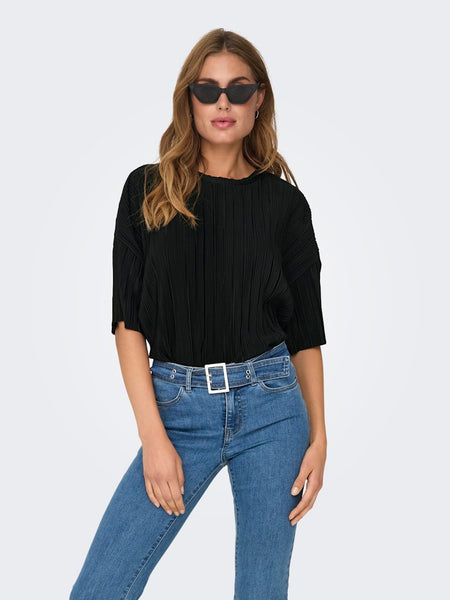ONLY Short Sleeve Plisse Top in Black