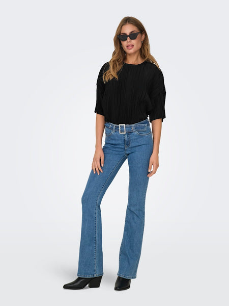 ONLY Short Sleeve Plisse Top in Black