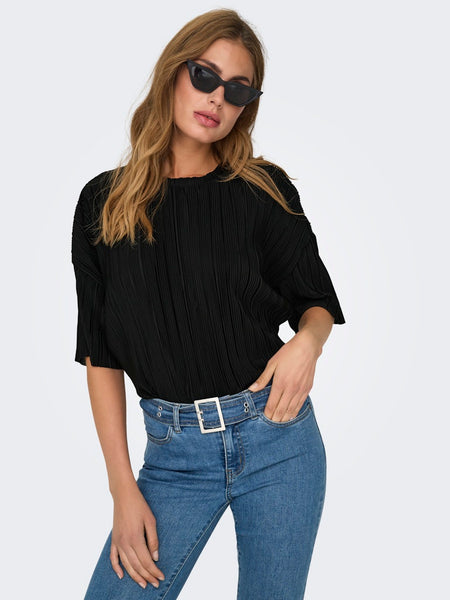 ONLY Short Sleeve Plisse Top in Black