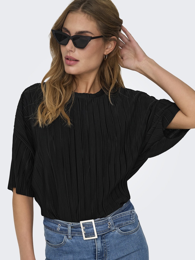 ONLY Short Sleeve Plisse Top in Black