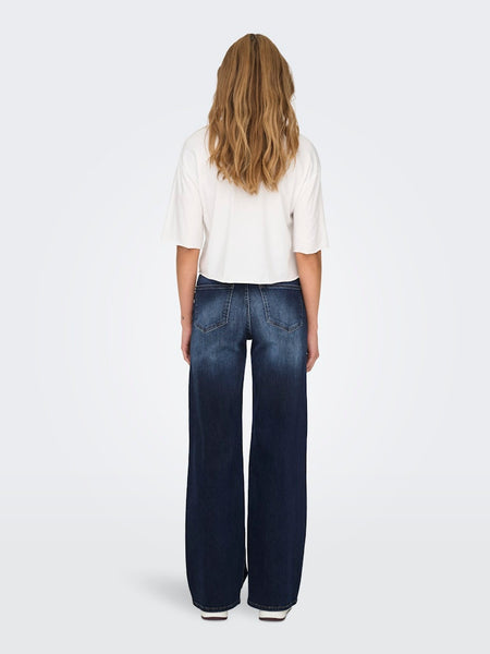 Only High Waisted Wide Leg Jeans in Dark Blue