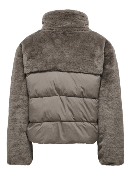 Only Short Faux Fur Detail Puffer Jacket in Brown