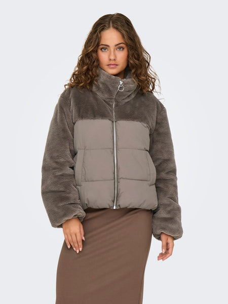 Only Short Faux Fur Detail Puffer Jacket in Brown