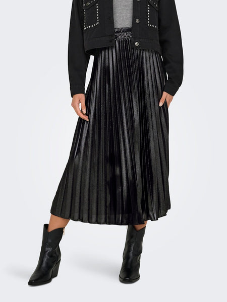 Only Pleated Metallic Look Midi Skirt in Black