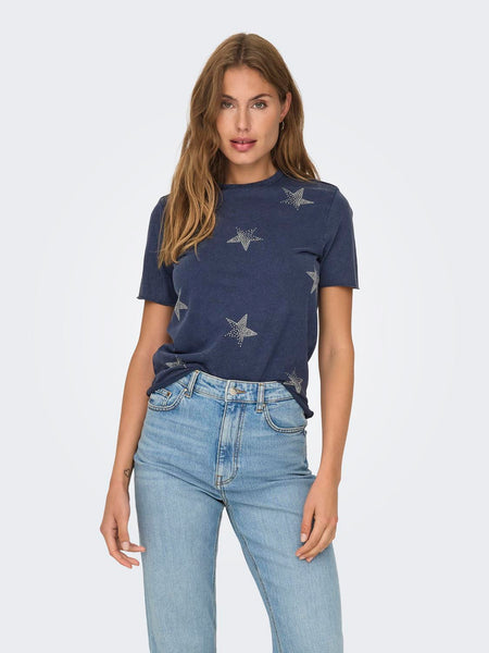 Only Rhinestone Star T-Shirt in Navy