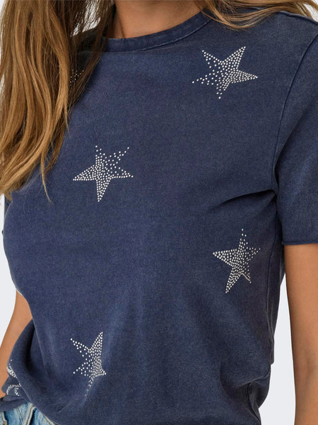 Only Rhinestone Star T-Shirt in Navy