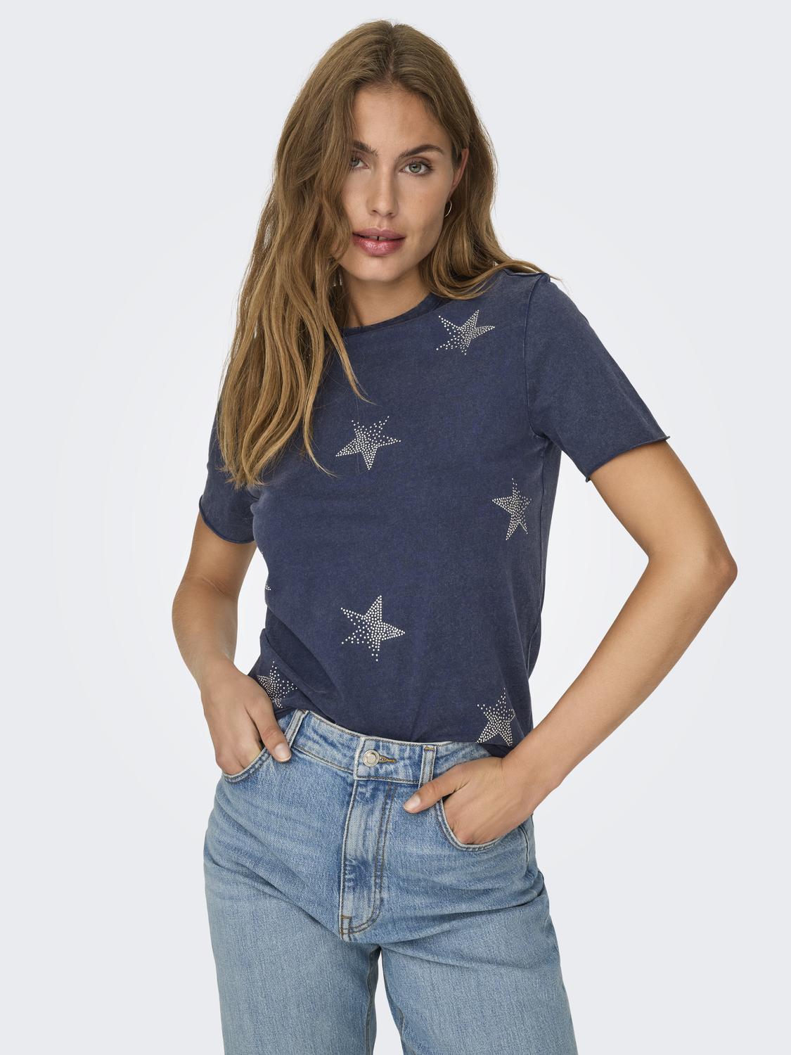 Only Rhinestone Star T-Shirt in Navy