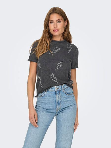 Only Rhinestone Lightening Bolt T-Shirt in Black