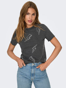 Only Rhinestone Lightening Bolt T-Shirt in Black