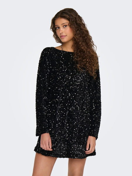 Only Short Sequin Bow Back Dress in Black