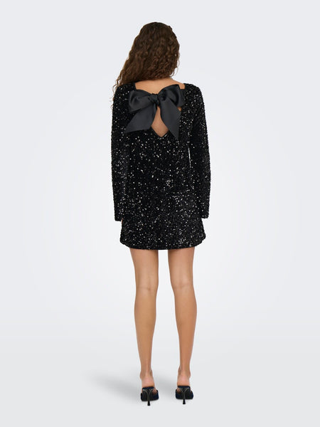 Only Short Sequin Bow Back Dress in Black