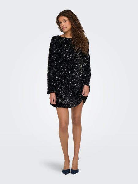 Only Short Sequin Bow Back Dress in Black