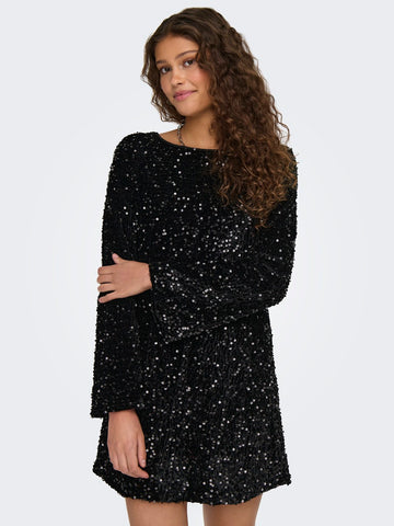 Only Short Sequin Bow Back Dress in Black