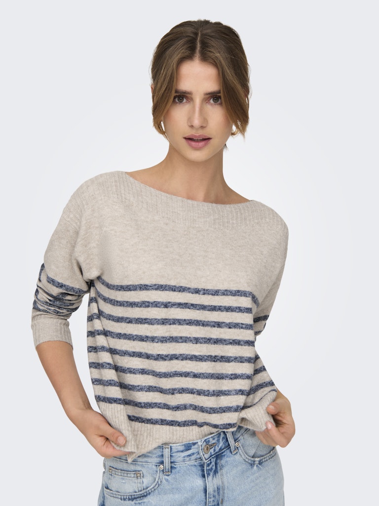 Only Striped Boat Neck Knit Jumper in Beige