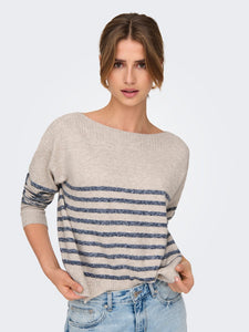 Only Striped Boat Neck Knit Jumper in Beige