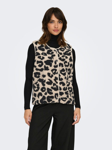 Only Leopard Print Teddy Vest in Beige