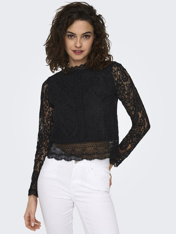 Only Long Sleeve Lace Top in Black