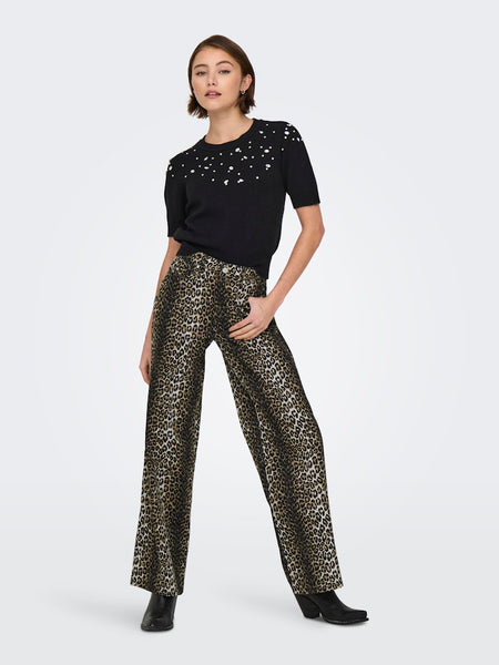 Only High Waisted Wide Leg Leopard Print Jeans in Black