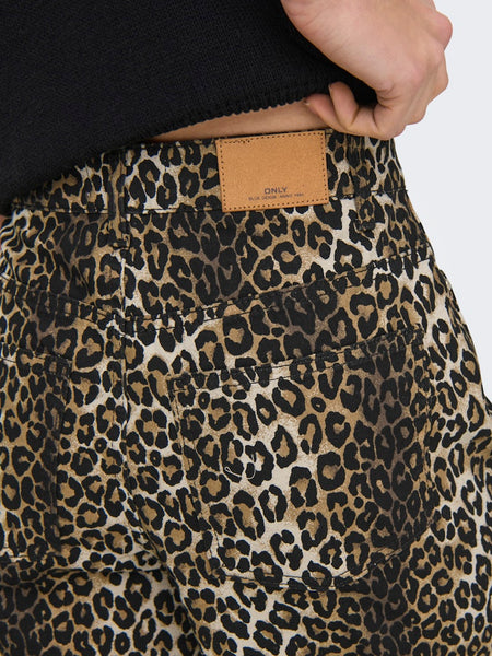 Only High Waisted Wide Leg Leopard Print Jeans in Black