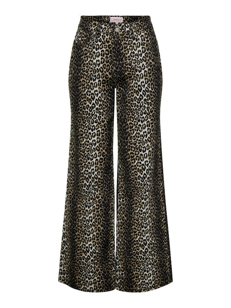 Only High Waisted Wide Leg Leopard Print Jeans in Black