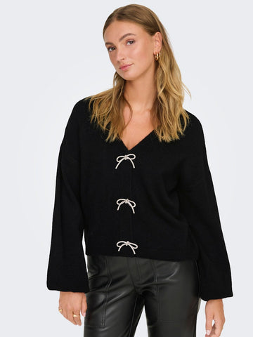 ONLY V-Neck Bow Detail Knit Jumper in Black