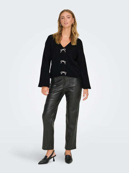 ONLY V-Neck Bow Detail Knit Jumper in Black