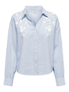 ONLY Striped Shirt With Embroidered Floral Detail in Blue