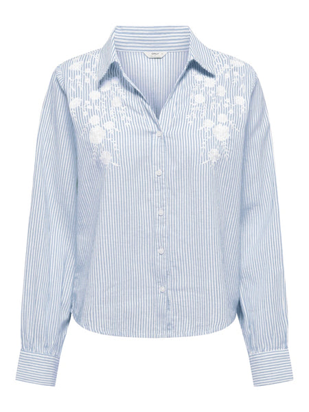 ONLY Striped Shirt With Embroidered Floral Detail in Blue