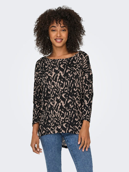 Only Patterned 3/4 Sleeve Round Neck Top in Black