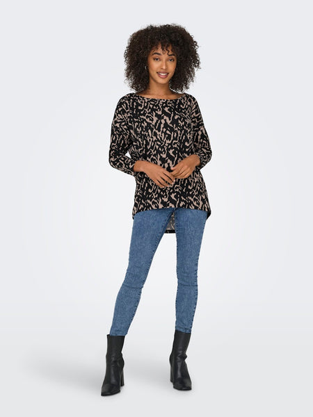 Only Patterned 3/4 Sleeve Round Neck Top in Black