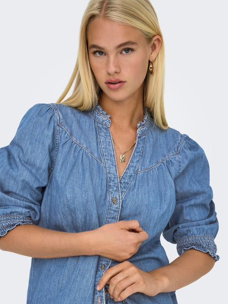 ONLY 3/4 Sleeve Denim Shirt in Medium Blue