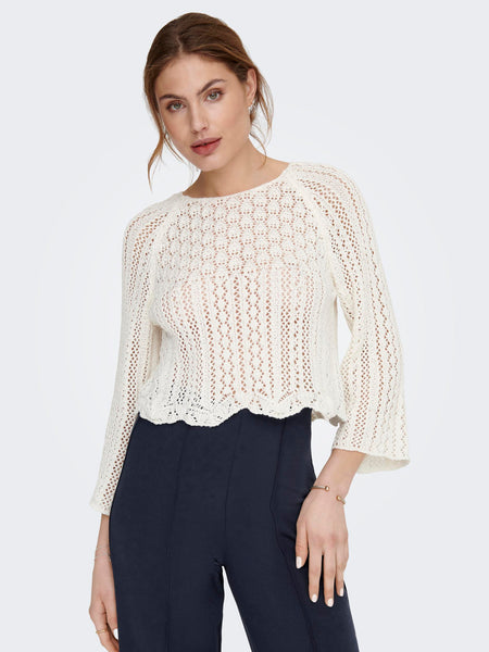 Only Cropped Scallop Detail Knit Top in Cream