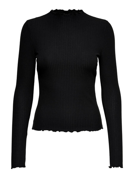 Only Long Sleeve High Neck Ribbed Top in Black