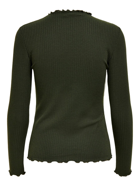 Only Long Sleeve High Neck Ribbed Top in Green