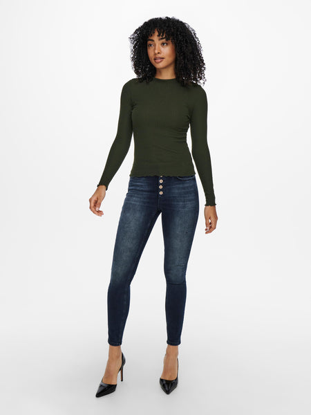 Only Long Sleeve High Neck Ribbed Top in Green
